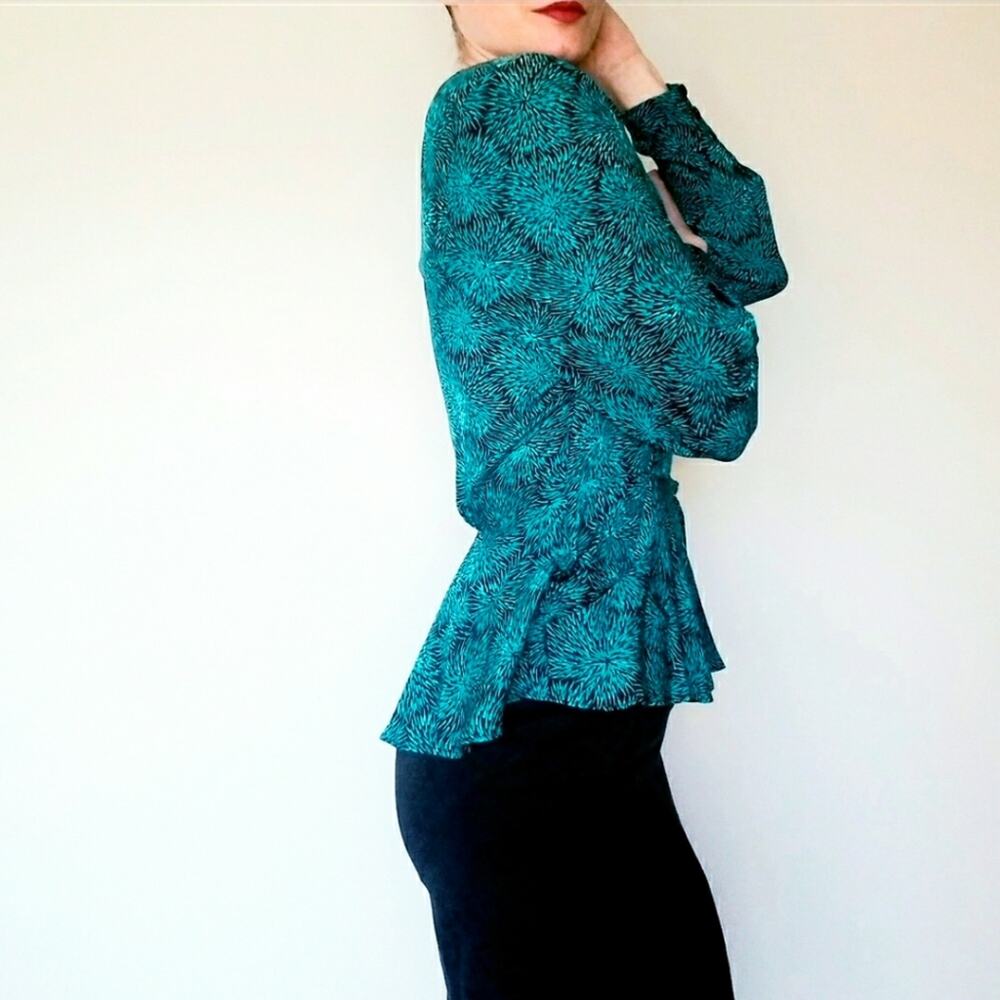 Vintage 100% Silk Pencil Dress Peplum Top Half Green and Black 4P